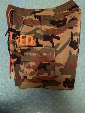 Camouflage Cargo Shorts with Orange Accents